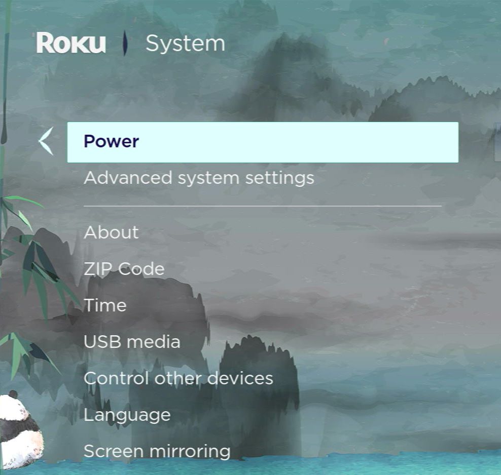 power option is highlighted on a roku