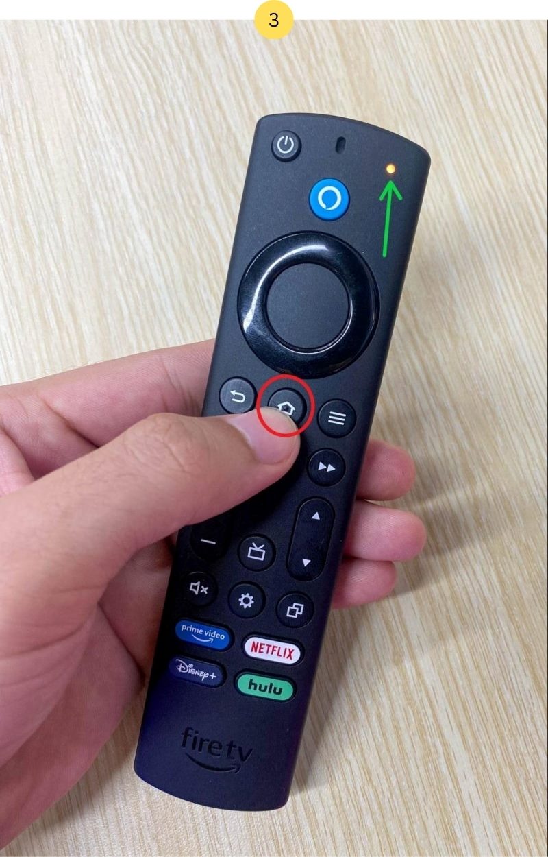 press the Home button on the Fire Stick remote until the Indicator flashing