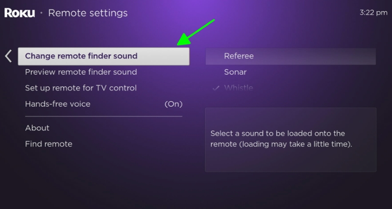 select the Change remote finder sound setting on Roku