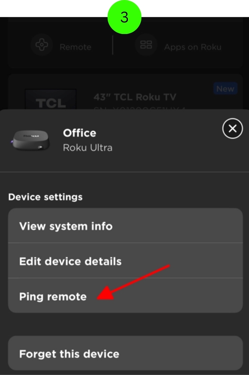 select the Ping remote function on the Roku mobile app