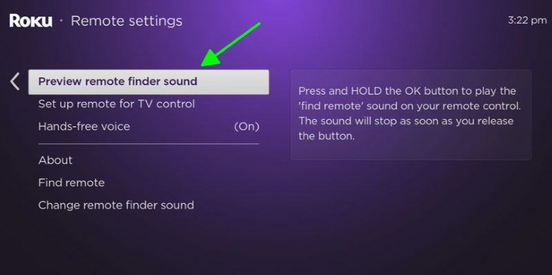 select the Preview remote finder sound on the Roku