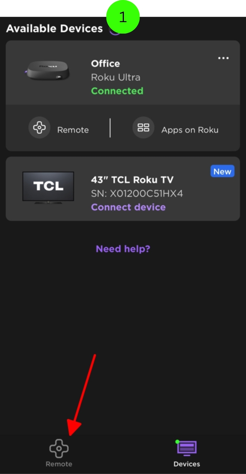 select the Remote button on the Roku mobile app