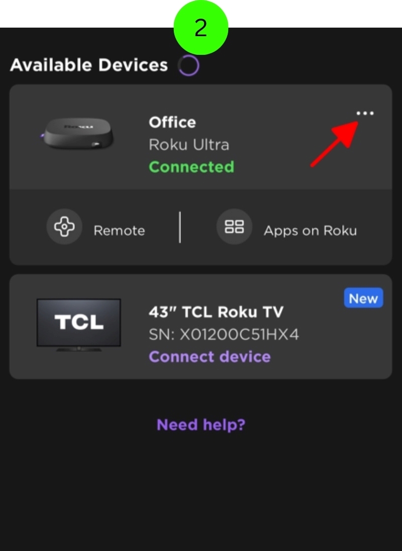 select the three-dot button on the connected device on the Roku mobile app
