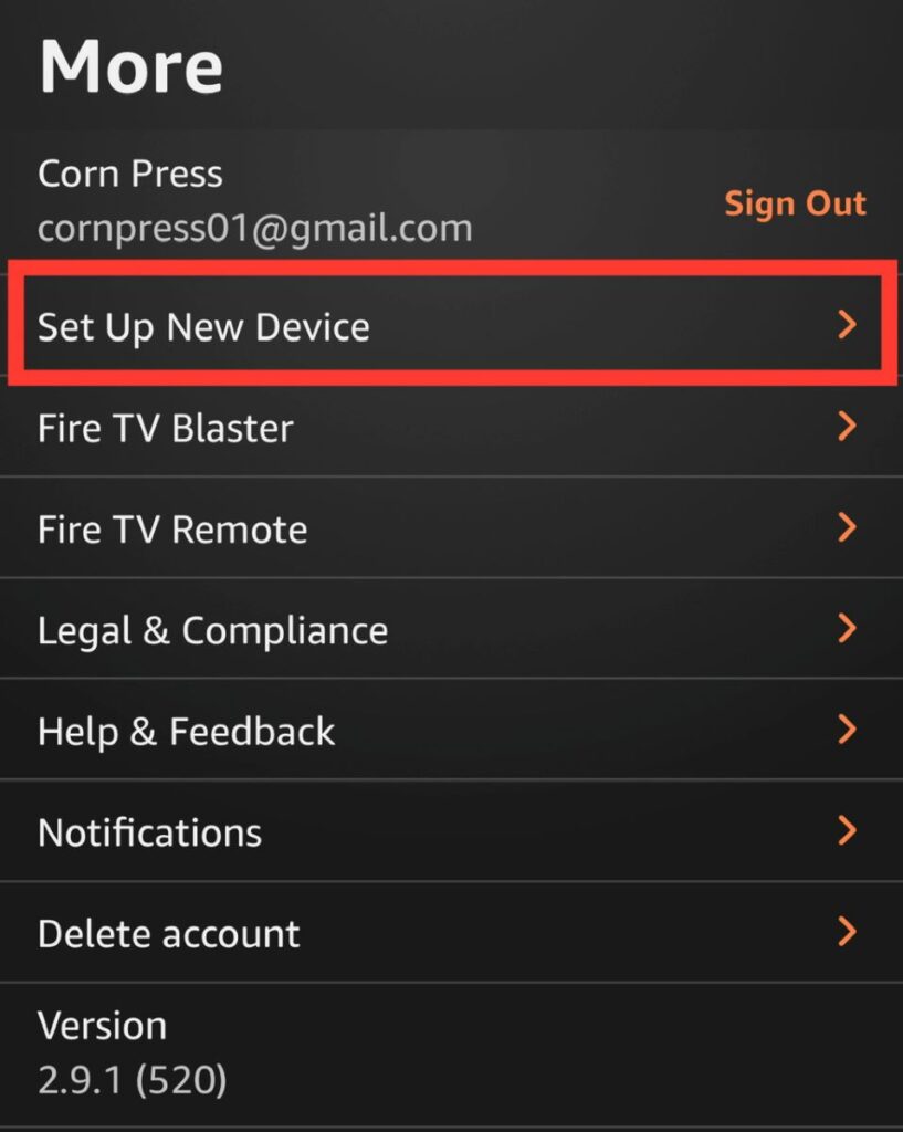 set up new device option is highlighted on the fire tv app