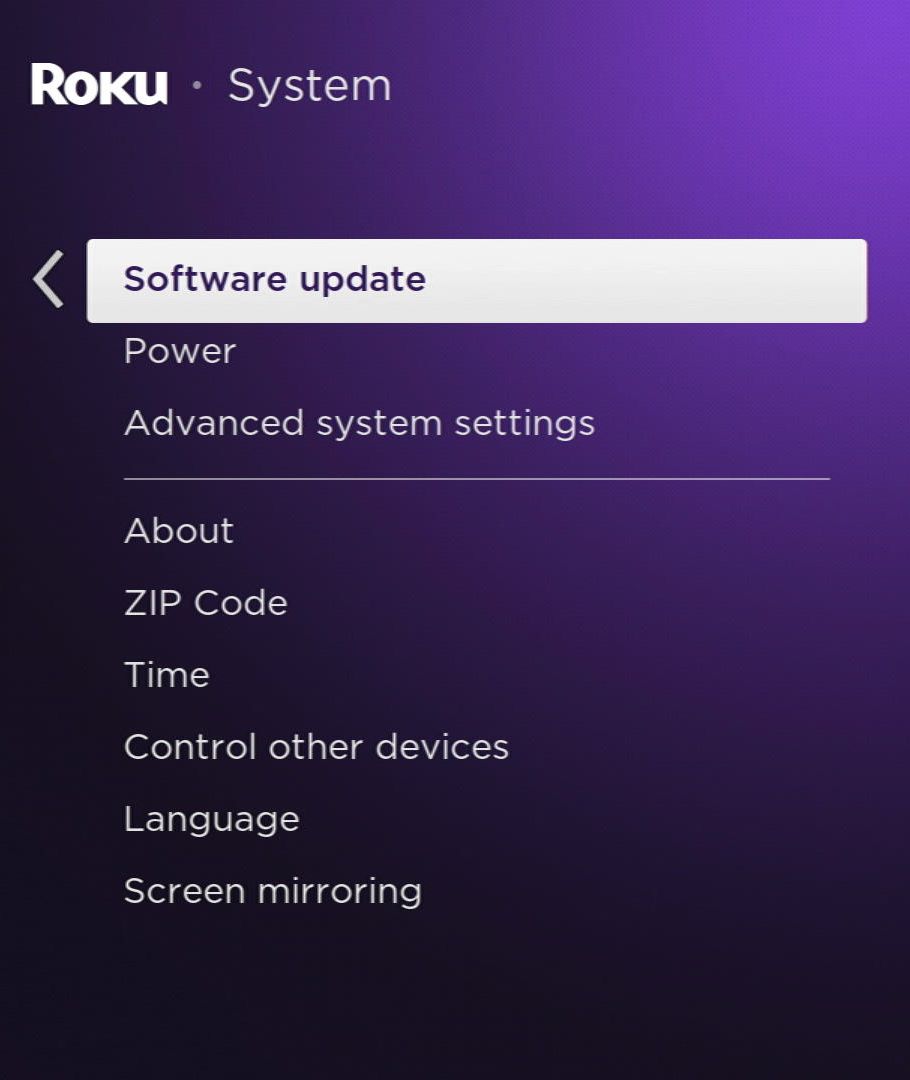 software update option is highlighted on a roku