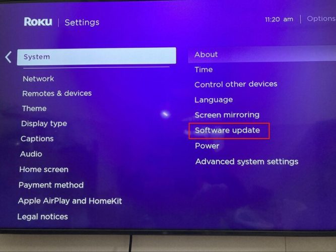 software update option on Roku settings menu