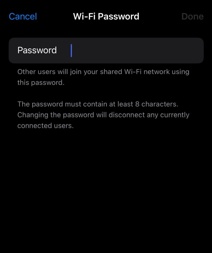 wi-fi password change on an iphone's hotspot