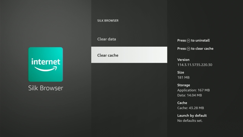Clear cache of Silk Browser app on Fire Stick