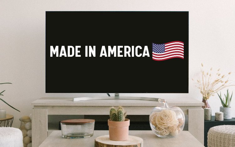 Made in America phrase and America flag on TV screen