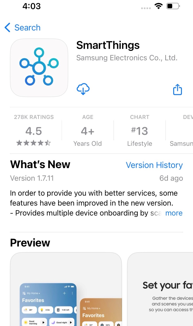 SmartThings app on the iPhone App Store