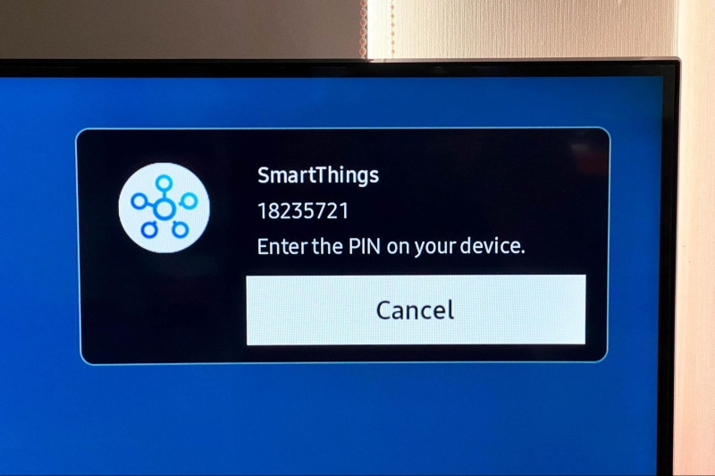 SmartThings pairing code shown on the top right corner screen of Samsung TV