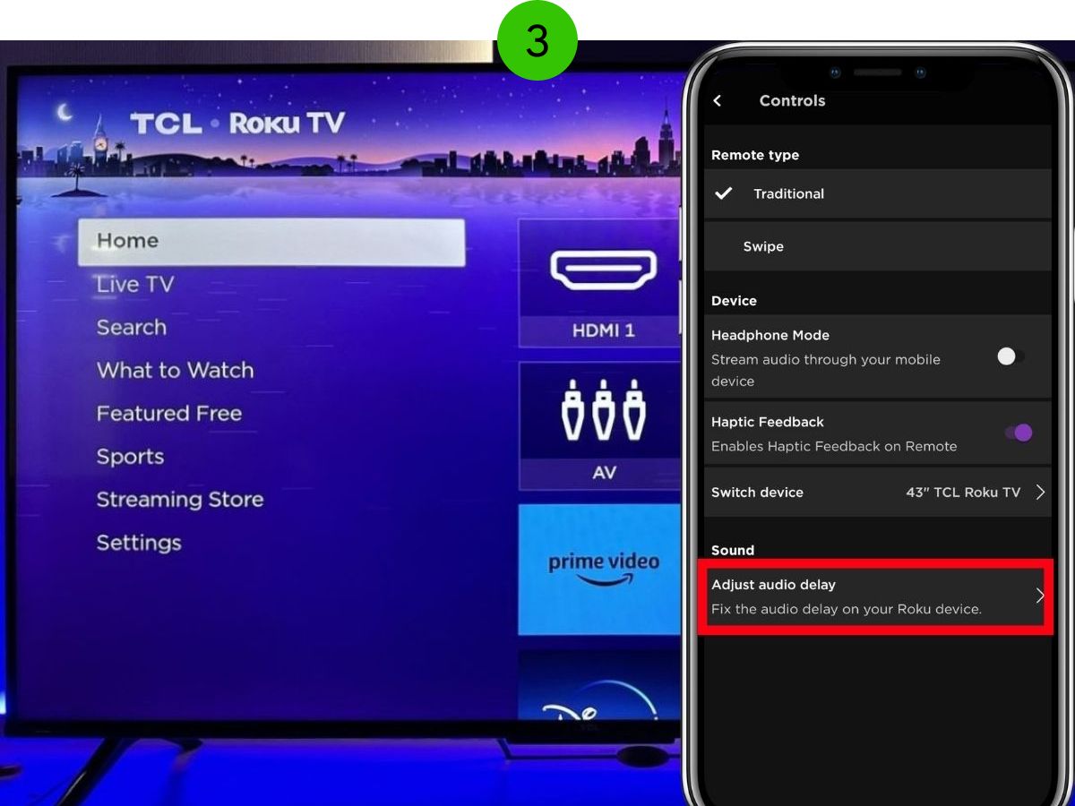 The Adjust audio delay from the Roku remote app