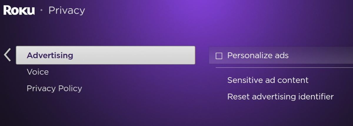 The Advertising option from the Roku Ultra's menu is being selected
