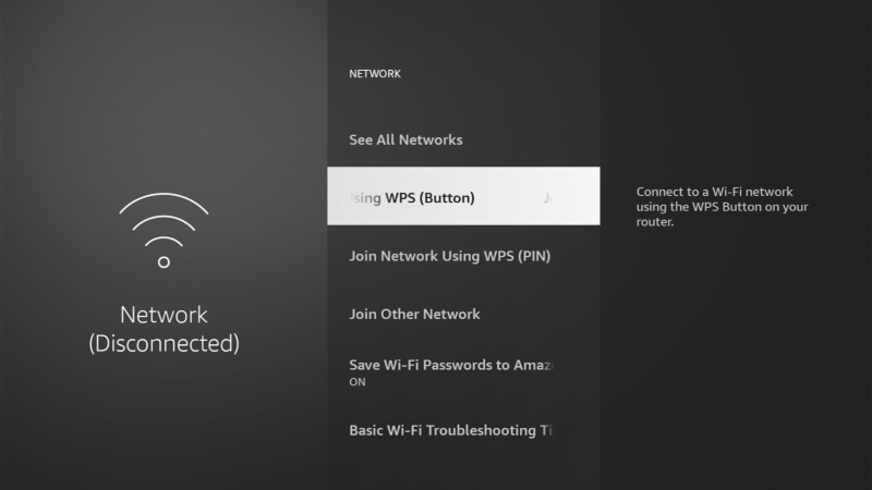 The Network Disconnected screen of the Fire Stick