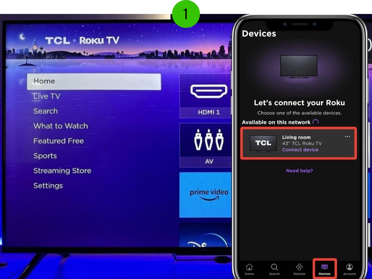 The Roku TCL TV appears on the Roku remote app