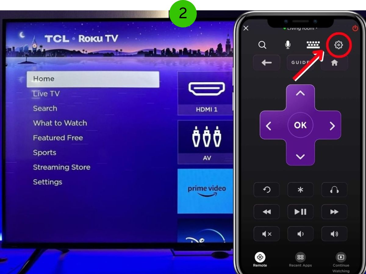 The Roku TV with the Roku remote app and the settings is highlighted