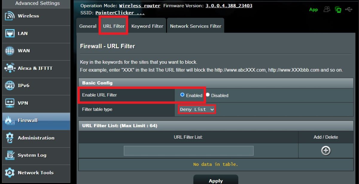 The URL filter feature from the Asus router is being highlighted with a red box