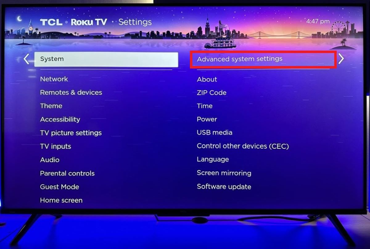 The advanced system settings on the Roku TV
