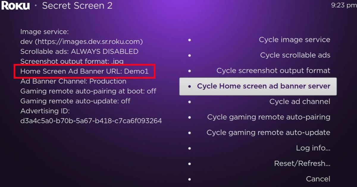 The cycle home screen ad banner server is set to Demo1 on Roku Ultra secret menu