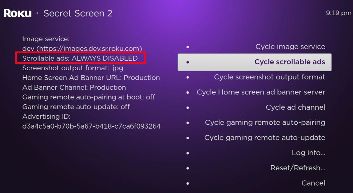 The cycle scrollable ads is set to always disabled