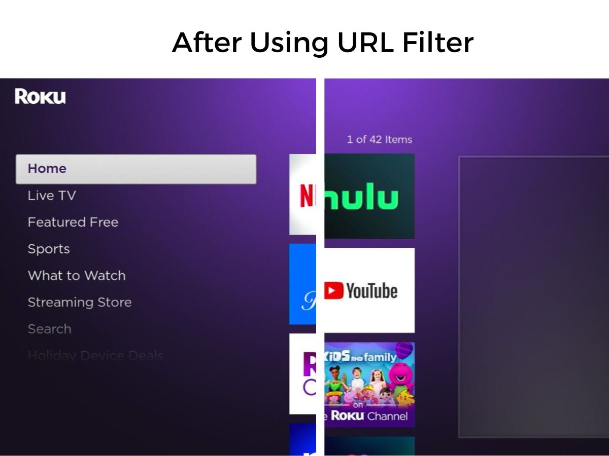 The image describes the Roku home menu after using the URL filter feature on router