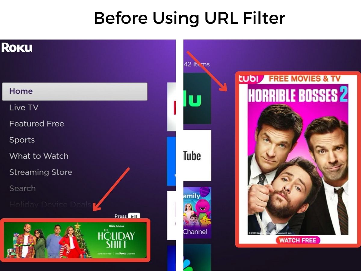 The image describes the Roku home menu before using the URL filter feature on router