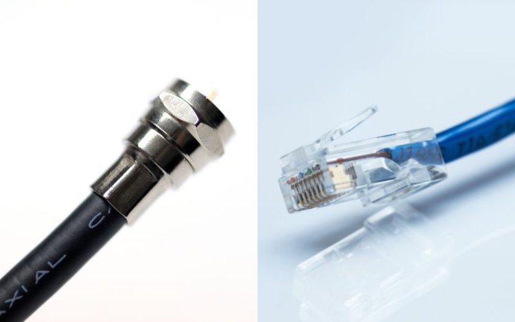 a black coaxial cable and blue Ethernet cable