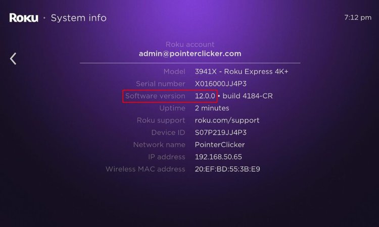 a roku express 4k+ system info with software version highlighted