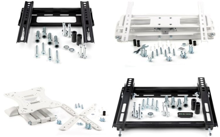 black and white disassembled TV mount brackets with their screw kits