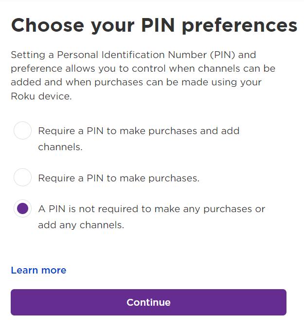choose your pin preferences screen when sign up a roku account