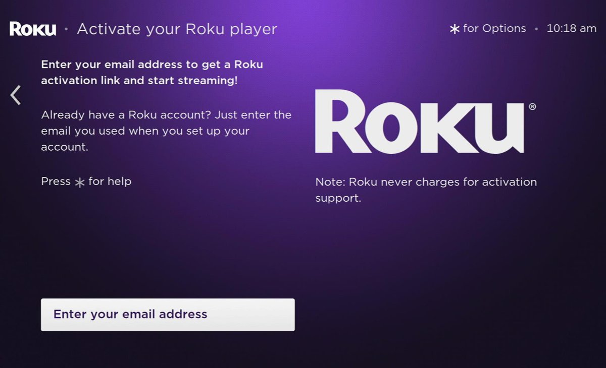 enter your email address option is highlighted on a roku