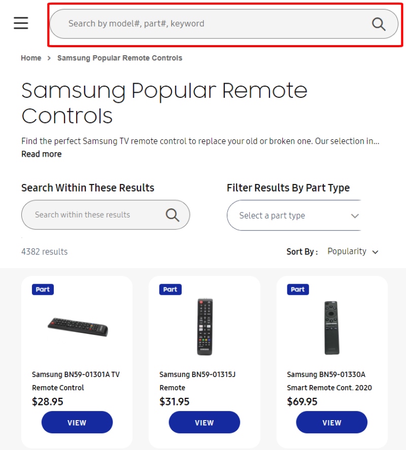 highlighted model number search section on the SamsungParts website