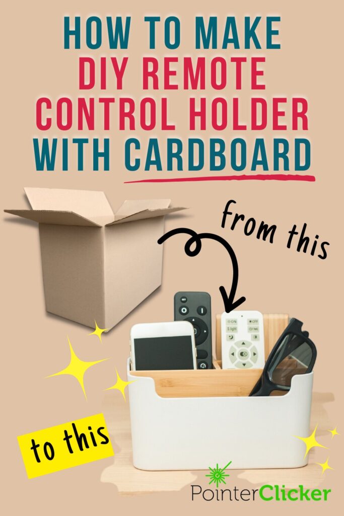a cardboard box and a remote control holder with the text 