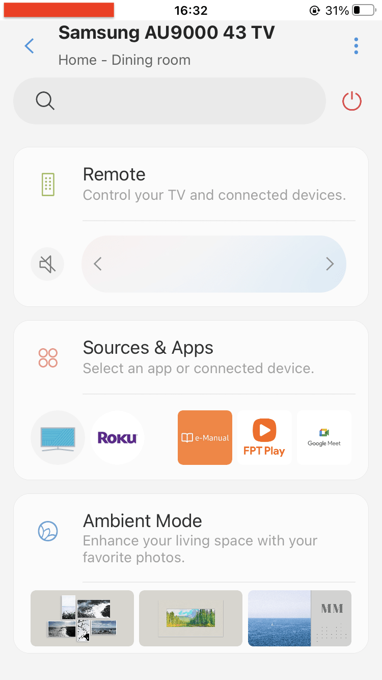 interface of SmartThings app when connected to Samsung TV