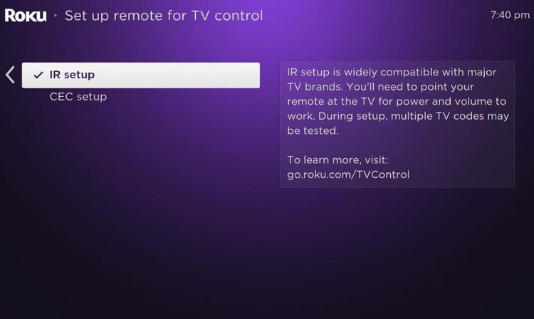 ir and cec setup options to set up a roku voice remote for tv control