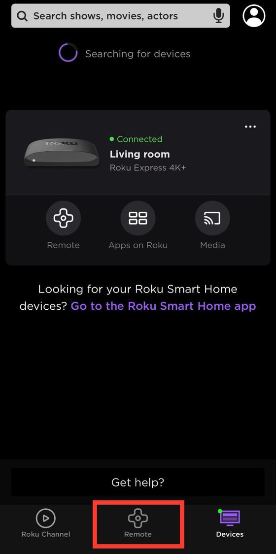 main screen of the roku mobile app with the remote feature is highlighted