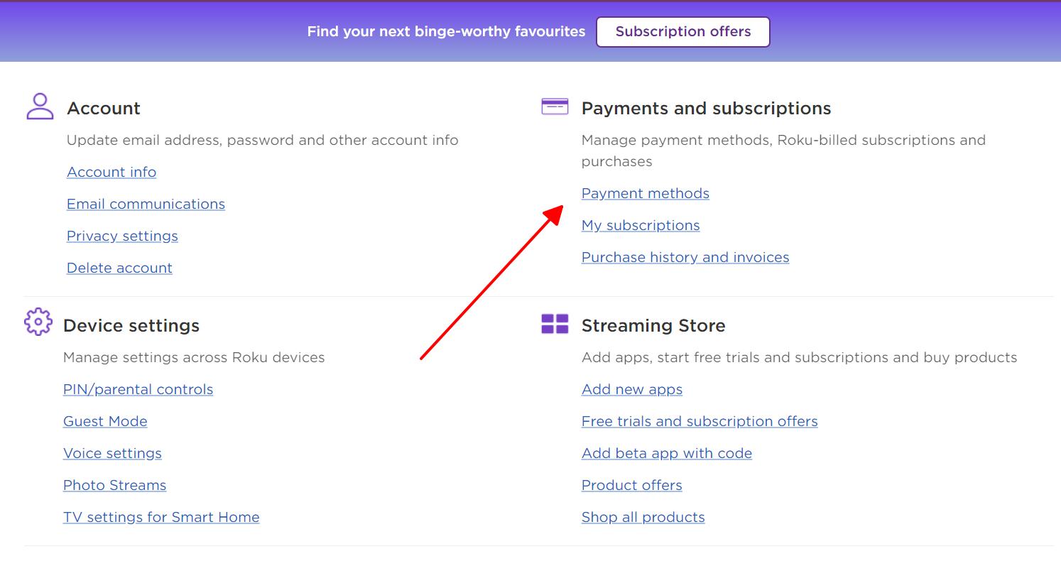 payment method is highlighted on roku account website