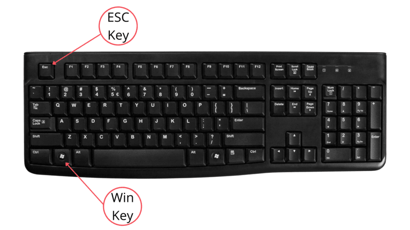 pointing out the ESC Key and Win Key on a black keyboard