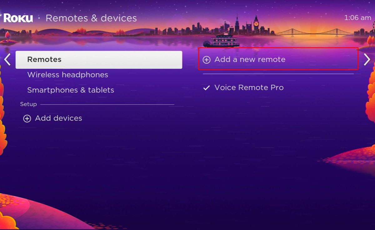 remotes & add a new remote options are highlighted on a roku