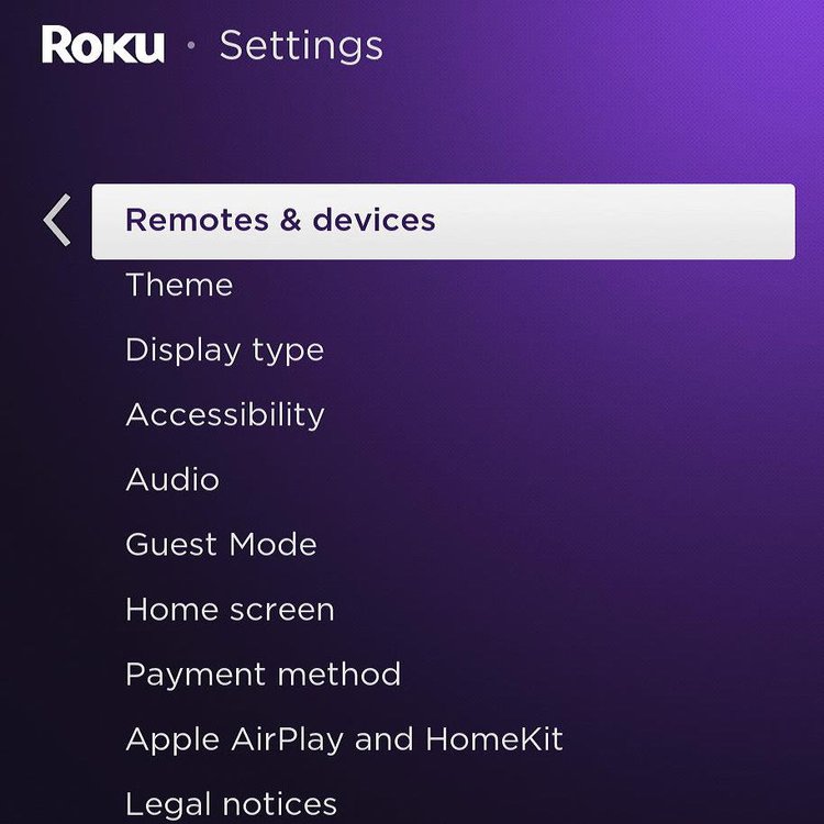 remotes & devices option is highlighted in a roku settings