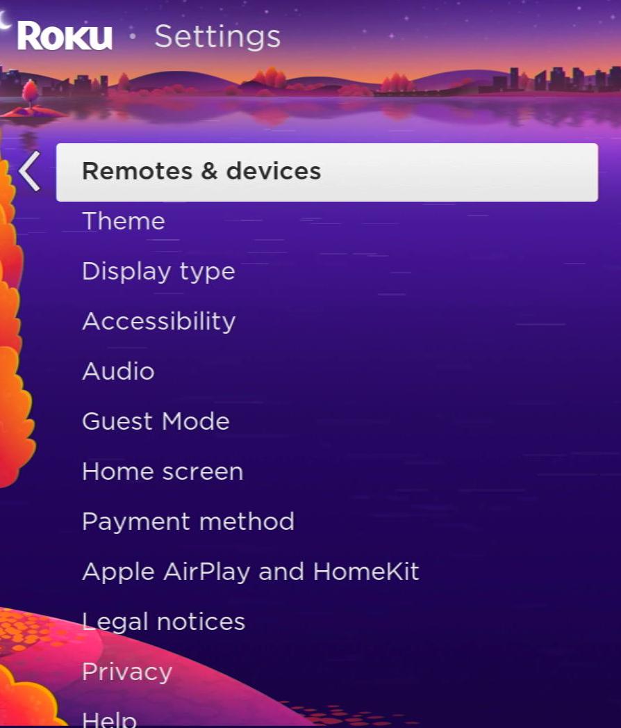 remotes & devices option is highlighted on a roku