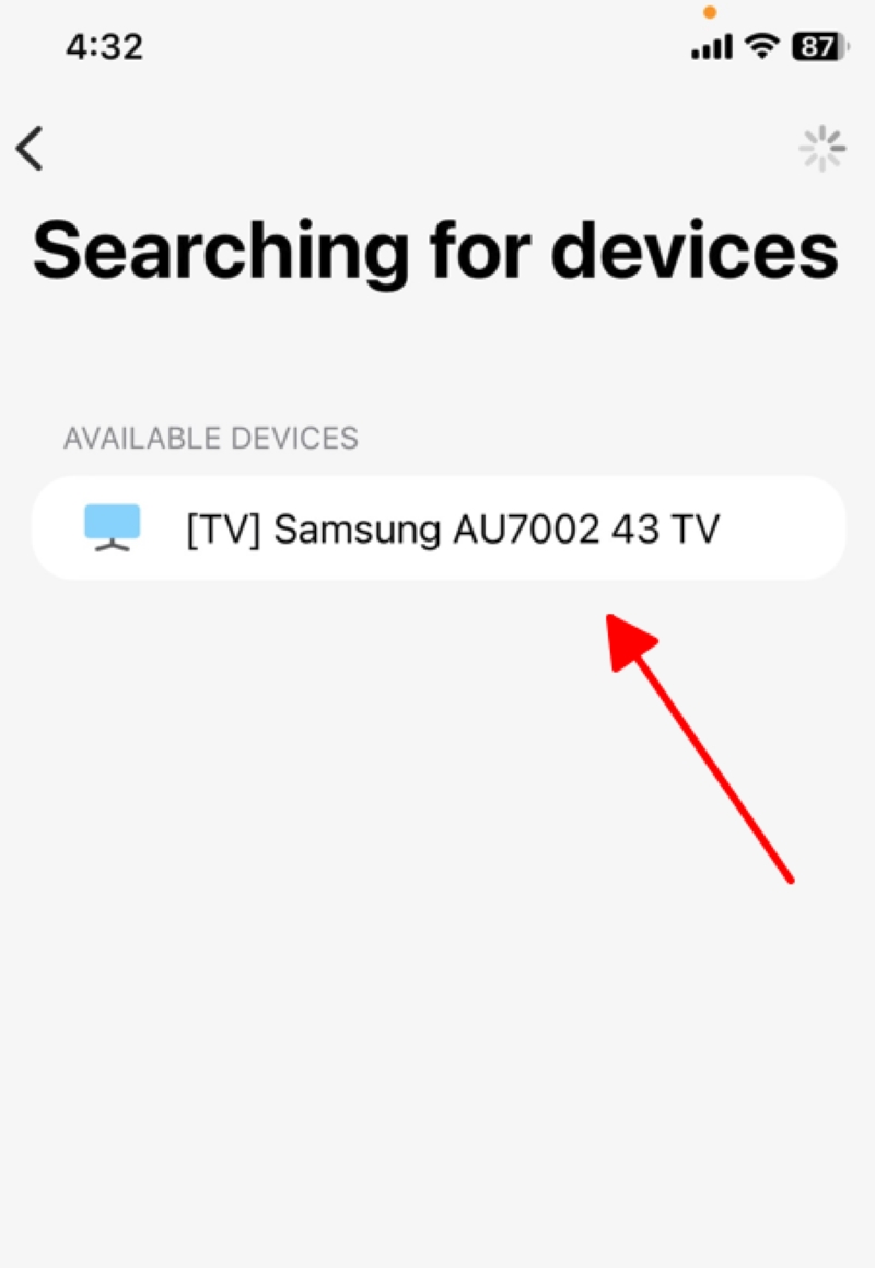 select a Samsung TV in Searching for devices screen on the SmartThings app