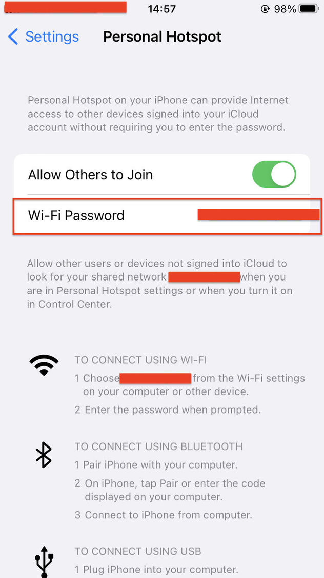 selecting Wi-Fi Password option in iPhone's settings