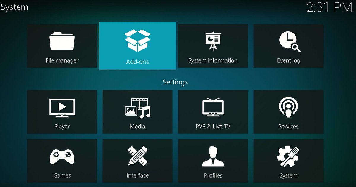 Add-ons option from the System on Kodi app