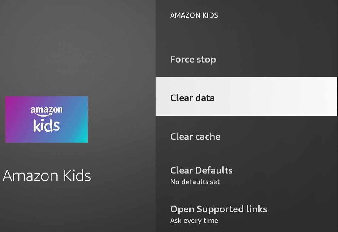 The Clear data option for the Amazon kids app on Fire TV