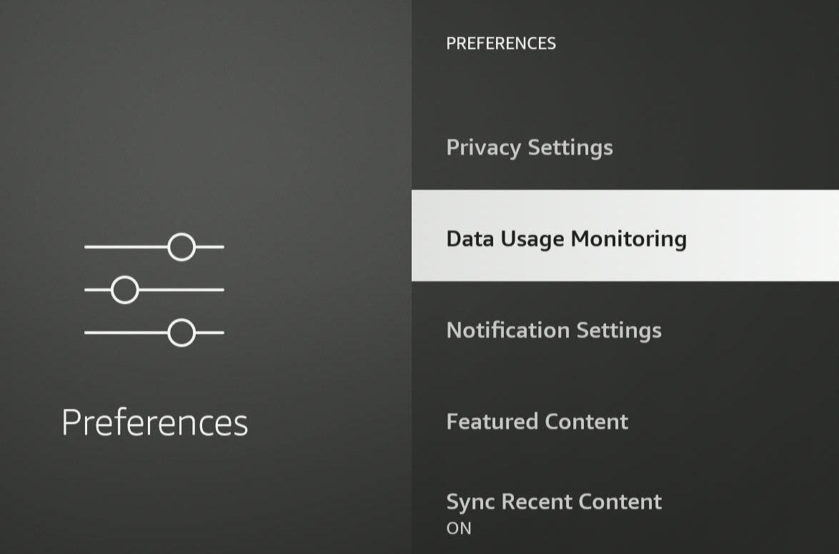 The Data Usage Monitoring on the Fire TV from the Preferences option