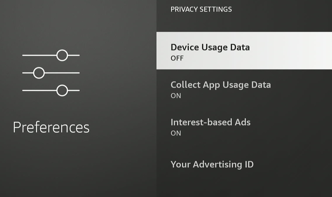 The Device Usage Data is disabled on Fire TV from the Preferences option