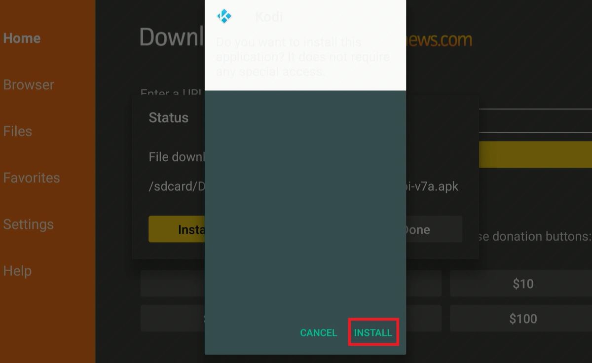 The Kodi app is being installed on Fire TV via the downloader app