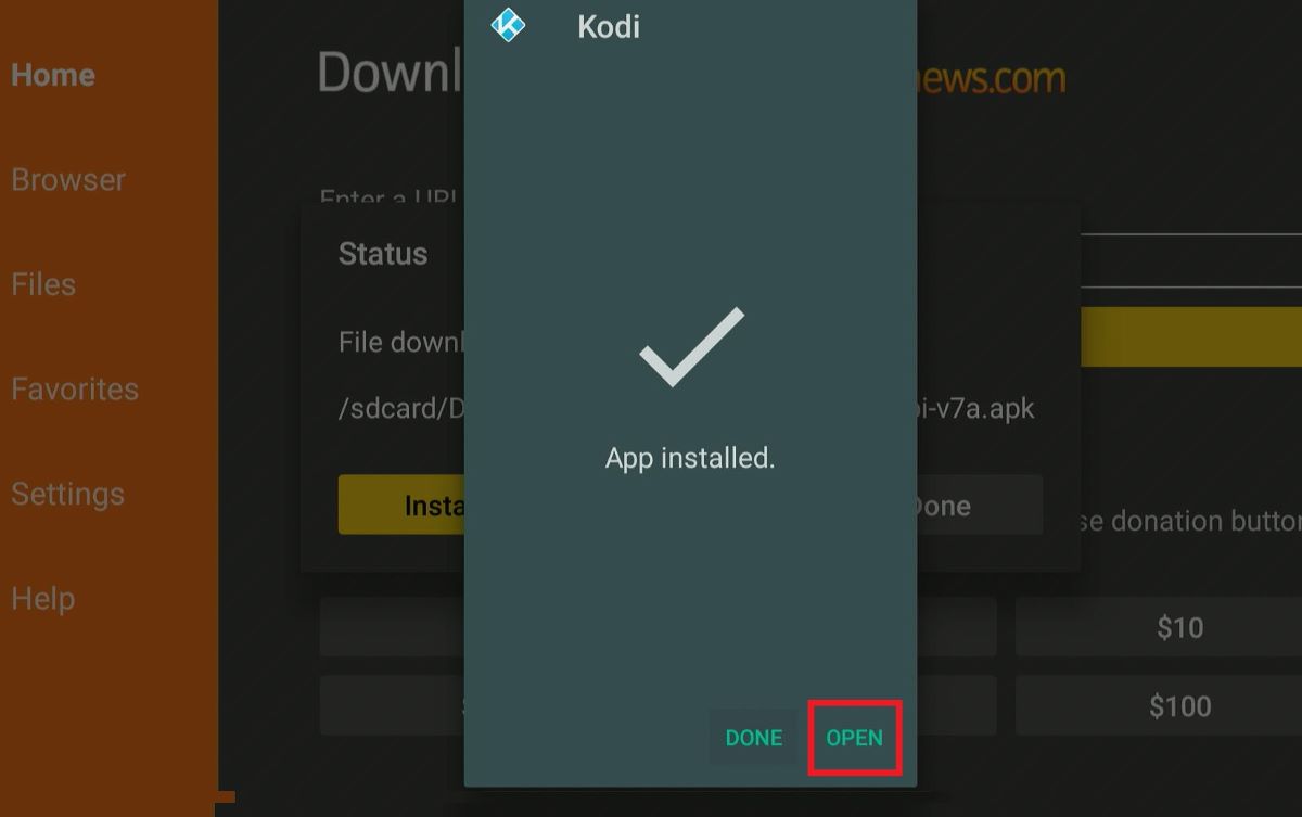The Kodi app is installed and ready to open on Fire TV