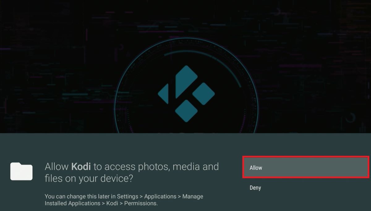 The Kodi app requires to access photos and media file on the Fire TV